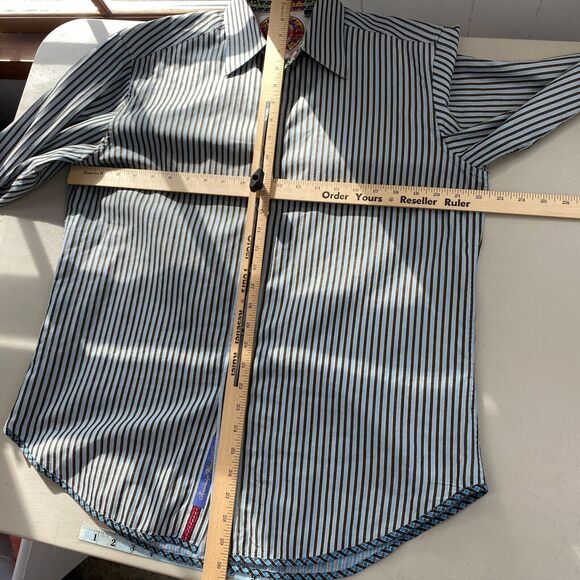 Robert Graham Button Up Shirt Men Medium Striped Blue Gray Velvet Trim Flip Cuff - Picture 11 of 16